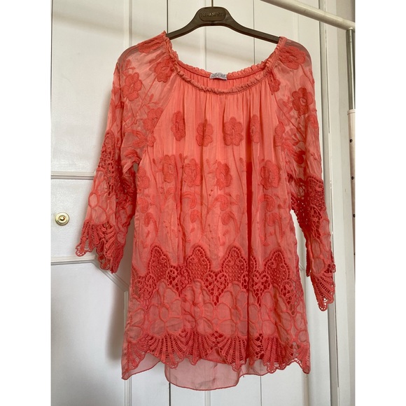Coral Lace Top with Flare Sleeves - Picture 1 of 5